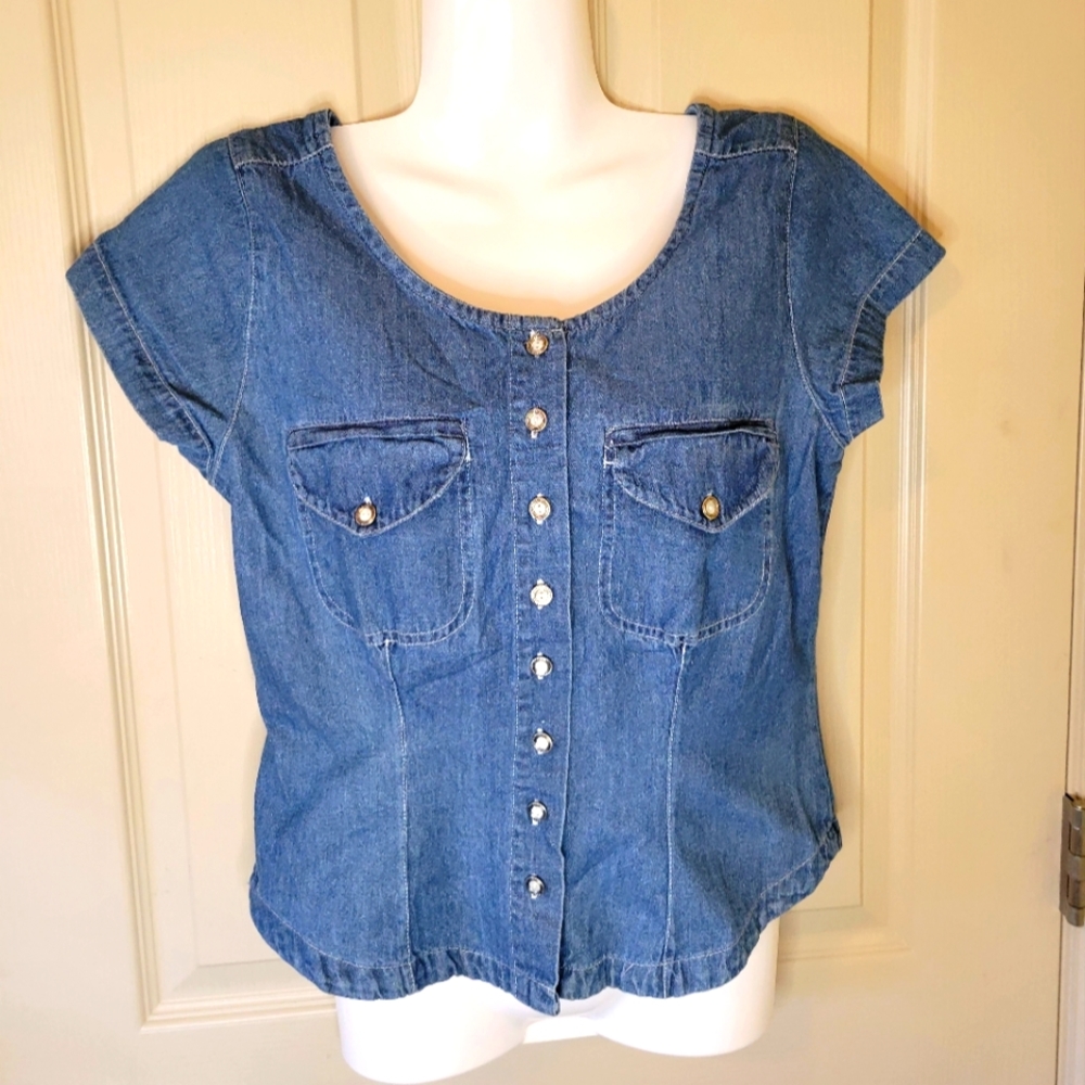 Bonjour Vintage Denim Blue Jean Shirt Top Womans Size S